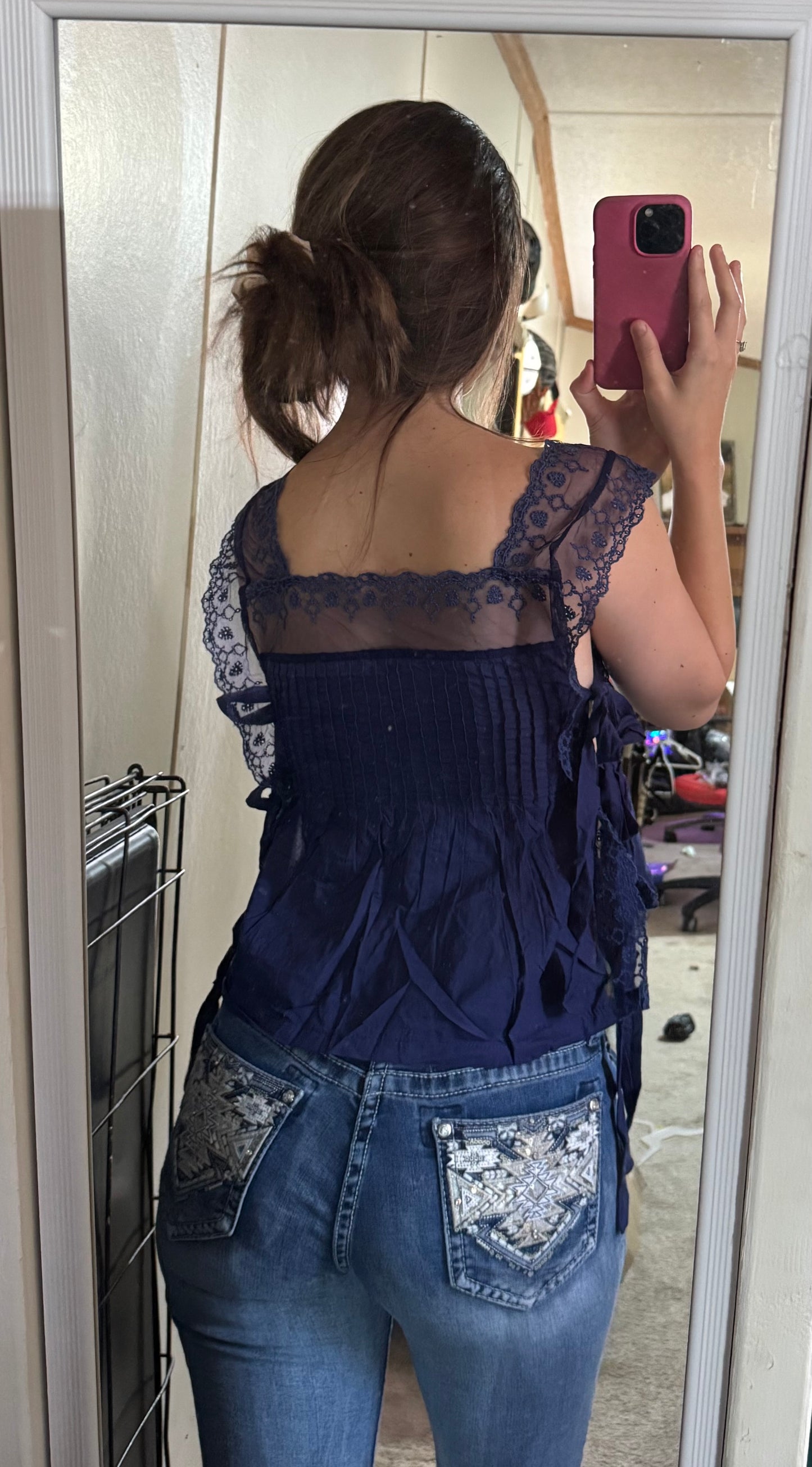 Women's Navy Blue Crop Lace Top