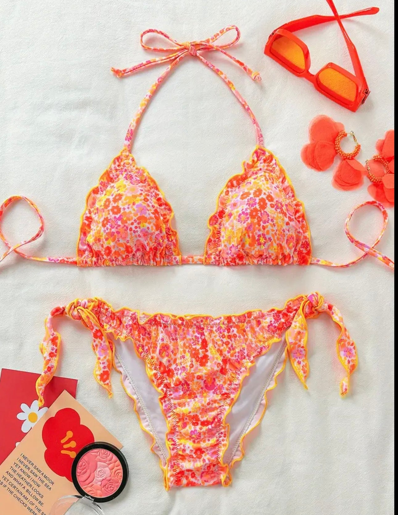 woman’s neon floral bikini set